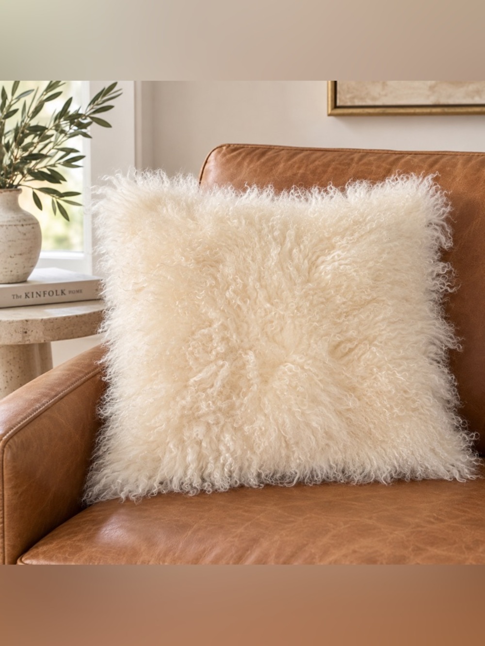 West Elm Mongolian Lamb Sheepskin Pillow Cover Ivory 16x16 Genuine Fur